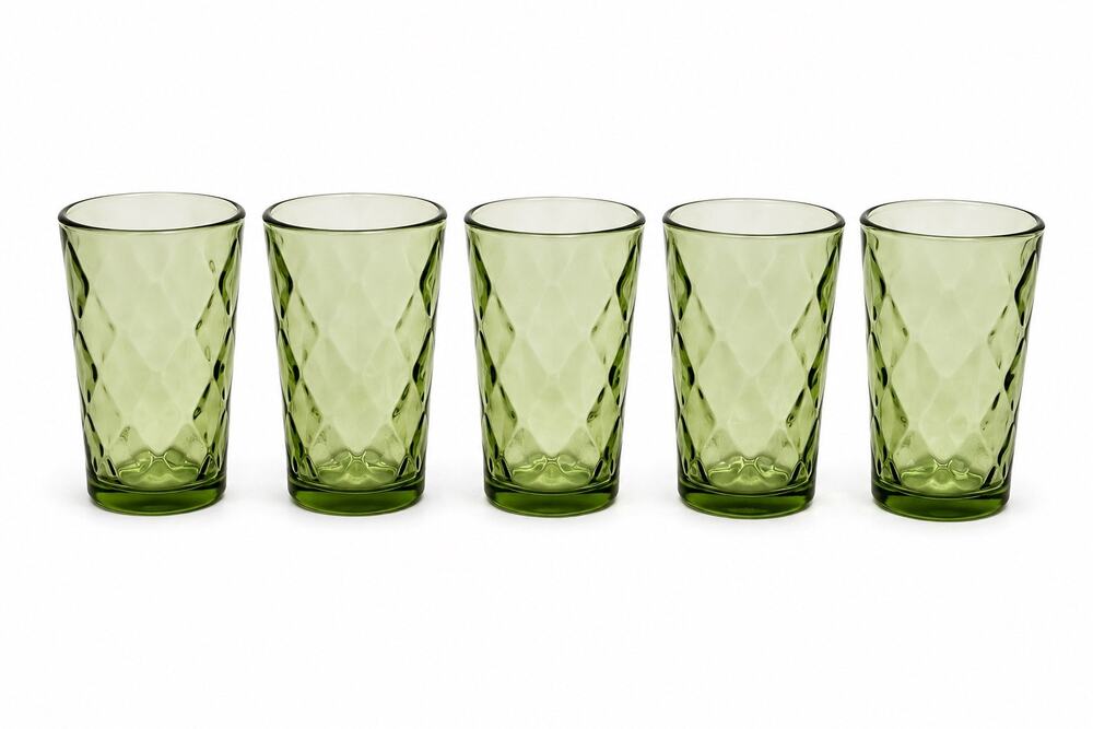 Vintage Avocado Green Diamond Point Glass Tumblers Set of 5 Juice Glasses 4 Inch